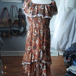 Floral Brown Off-Shoulder Dress